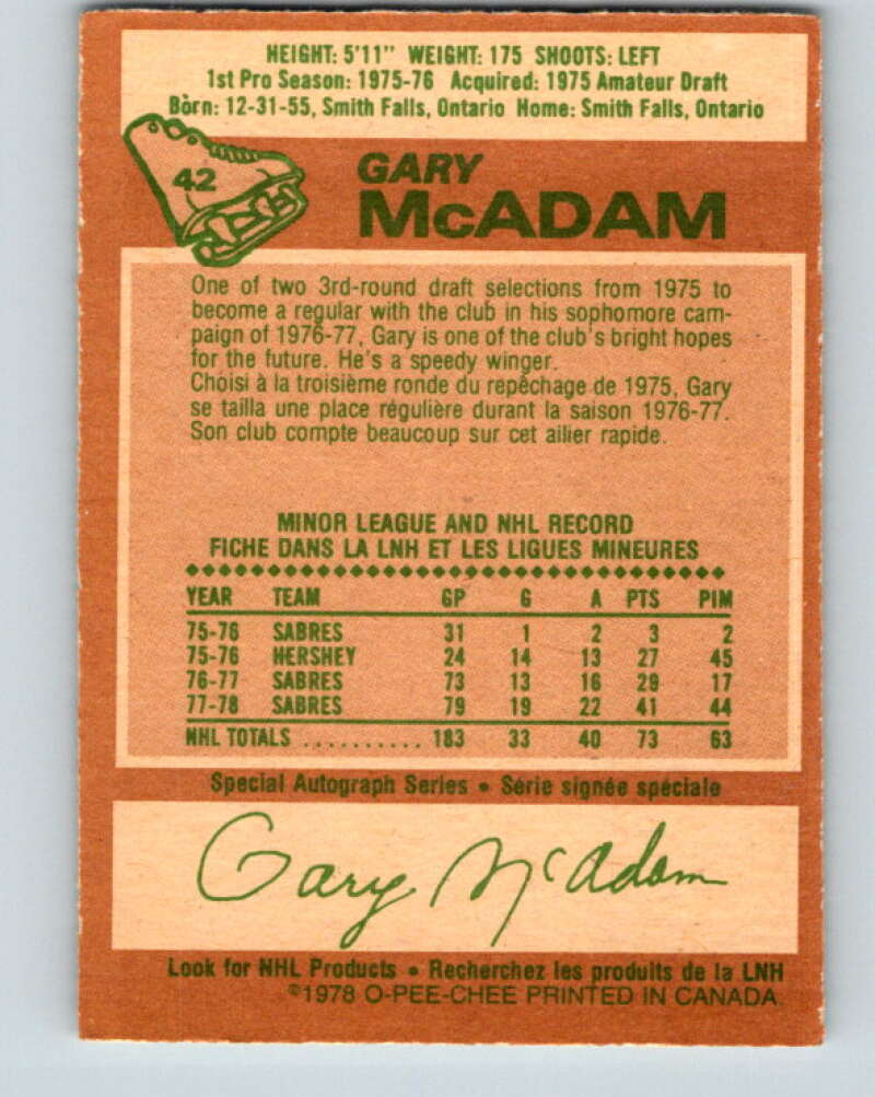 1978-79 O-Pee-Chee #42 Gary McAdam  Buffalo Sabres  V21404