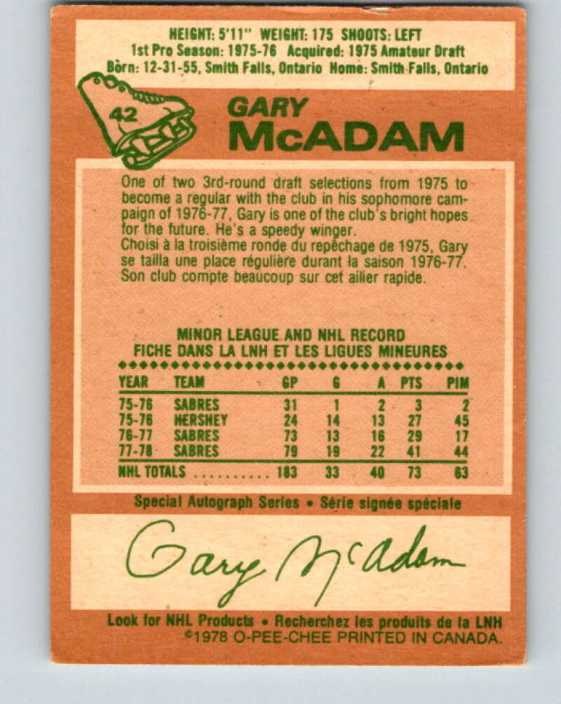 1978-79 O-Pee-Chee #42 Gary McAdam  Buffalo Sabres  V21405
