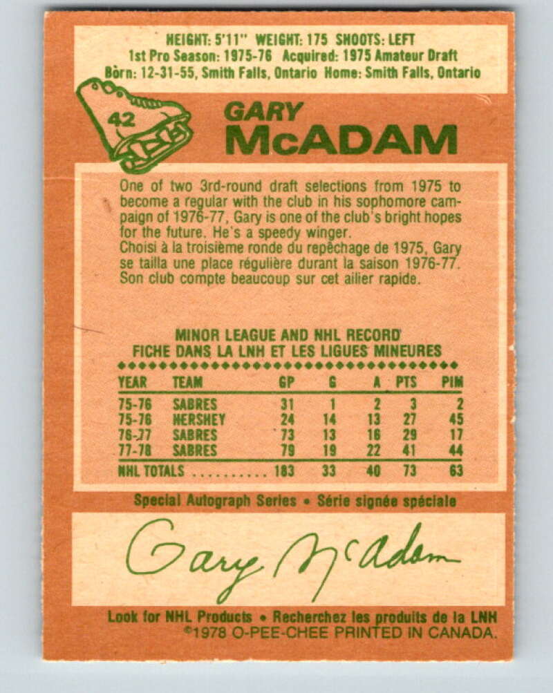 1978-79 O-Pee-Chee #42 Gary McAdam  Buffalo Sabres  V21406