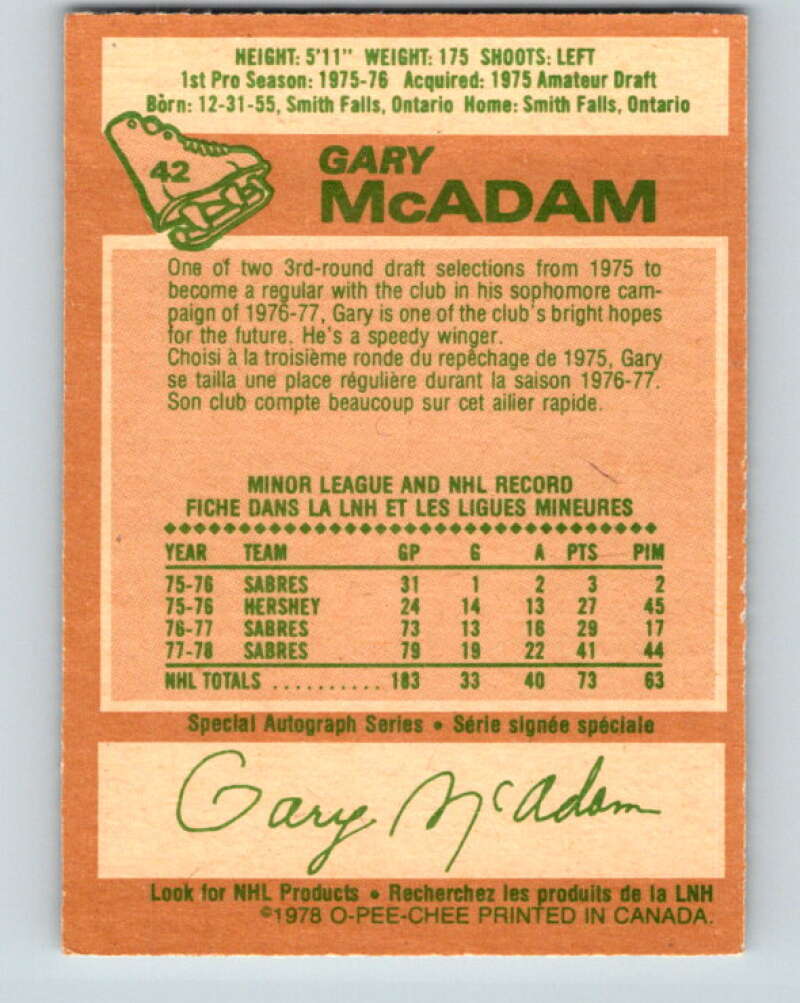 1978-79 O-Pee-Chee #42 Gary McAdam  Buffalo Sabres  V21408