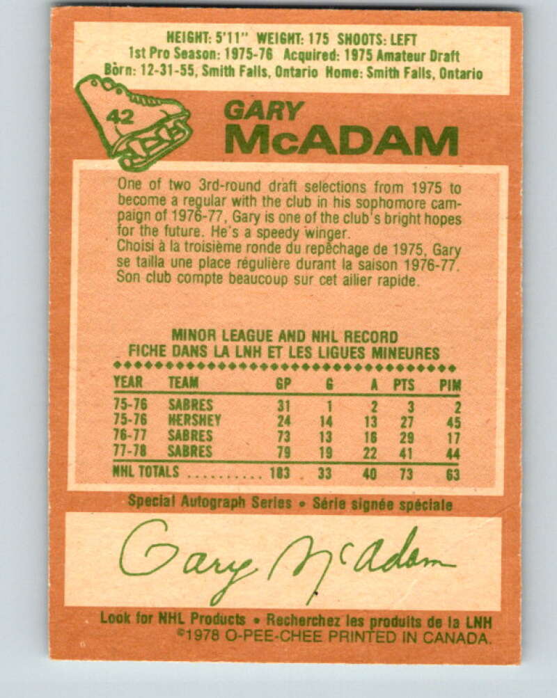 1978-79 O-Pee-Chee #42 Gary McAdam  Buffalo Sabres  V21409