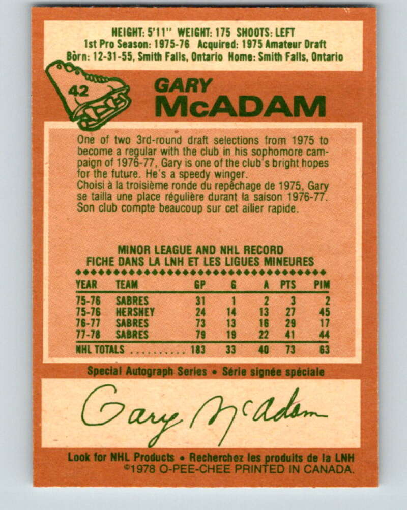 1978-79 O-Pee-Chee #42 Gary McAdam  Buffalo Sabres  V21411