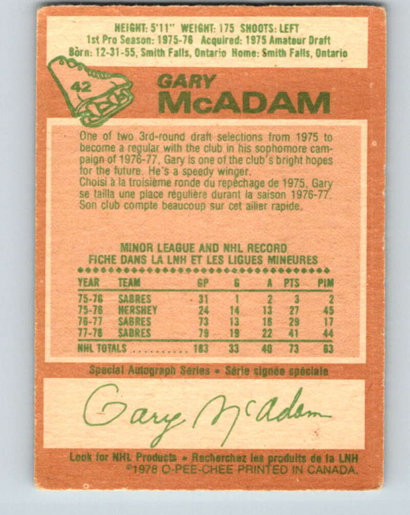 1978-79 O-Pee-Chee #42 Gary McAdam  Buffalo Sabres  V21412