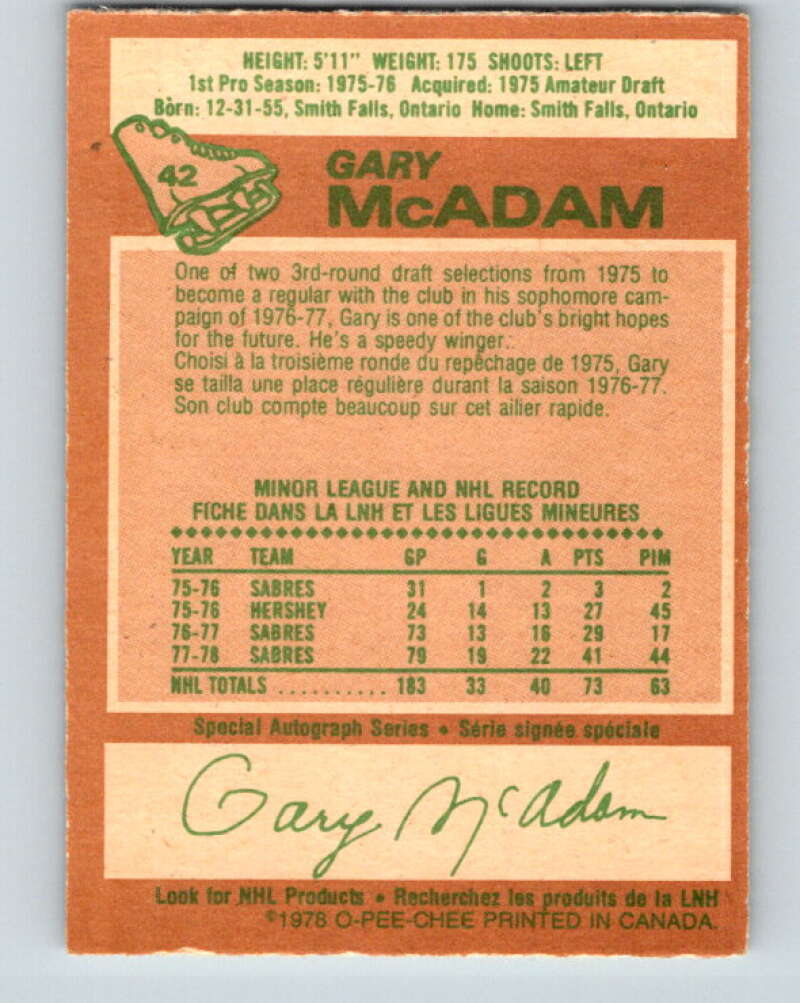 1978-79 O-Pee-Chee #42 Gary McAdam  Buffalo Sabres  V21415