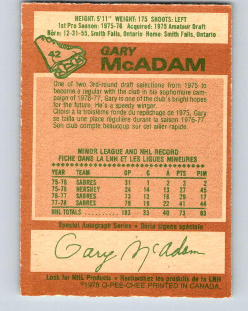 1978-79 O-Pee-Chee #42 Gary McAdam  Buffalo Sabres  V21417