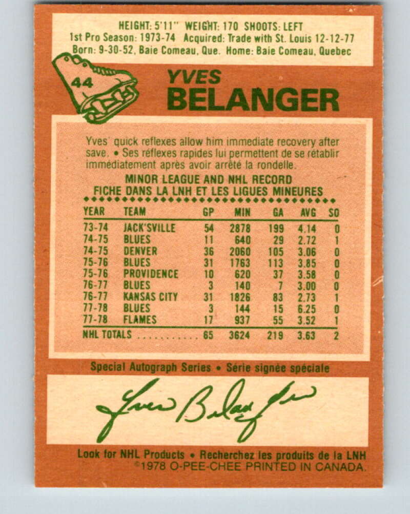 1978-79 O-Pee-Chee #44 Yves Belanger  Atlanta Flames  V21439
