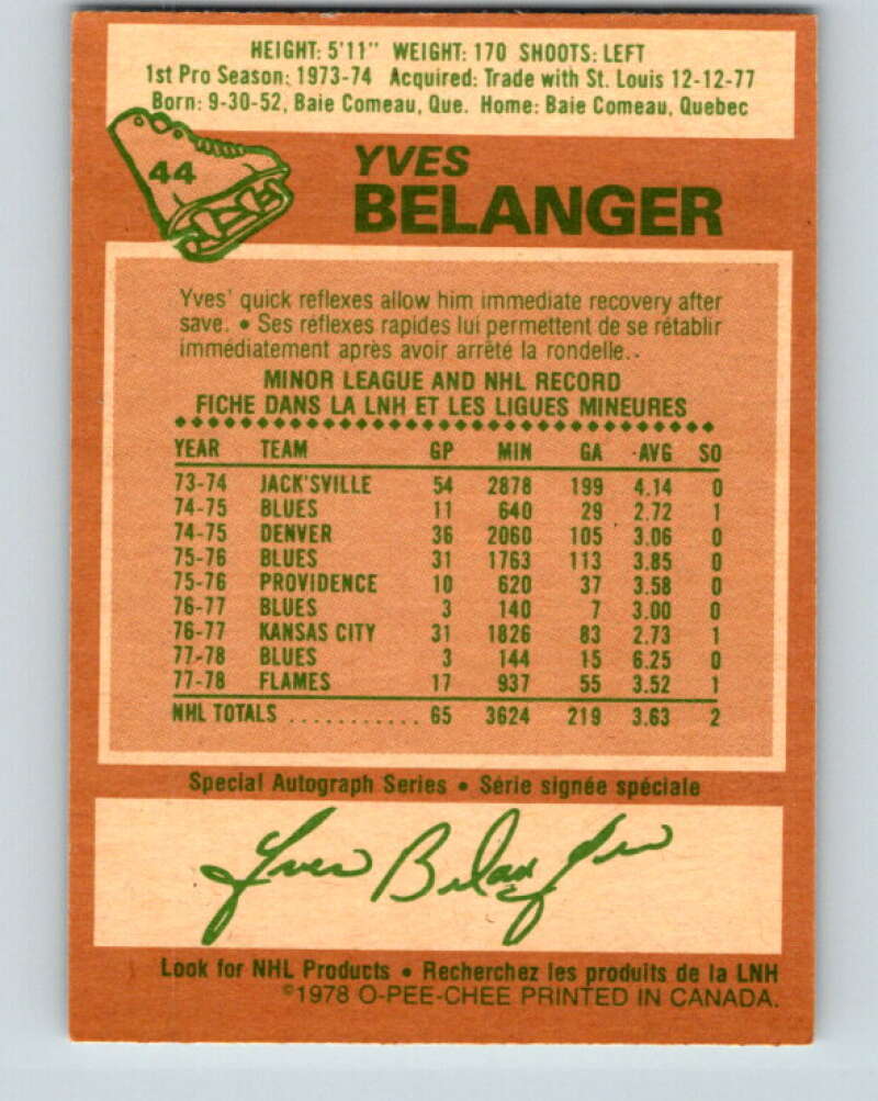 1978-79 O-Pee-Chee #44 Yves Belanger  Atlanta Flames  V21446