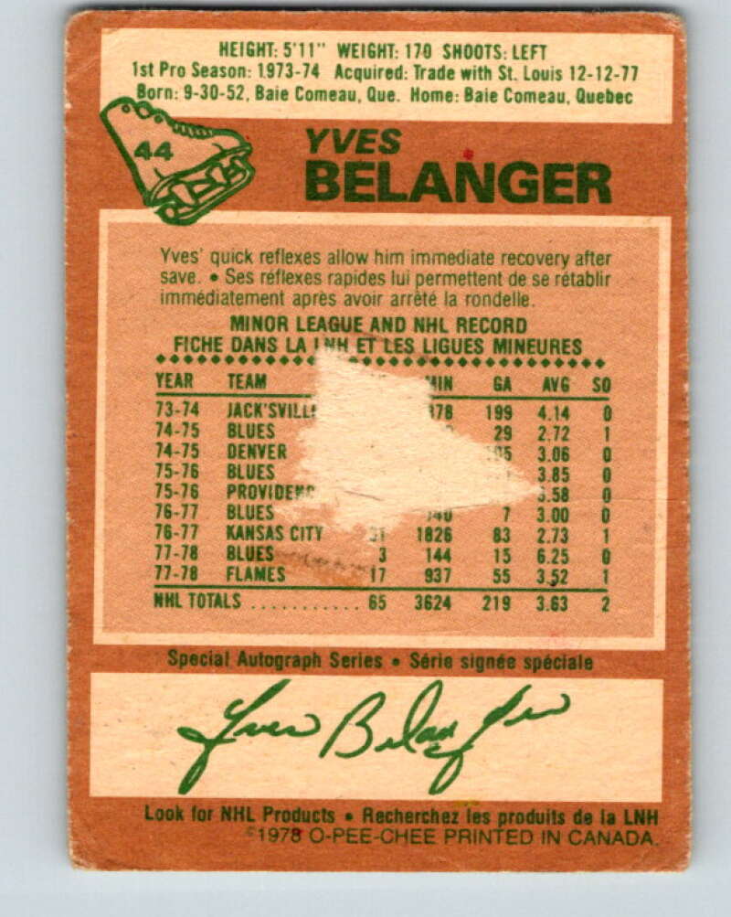 1978-79 O-Pee-Chee #44 Yves Belanger  Atlanta Flames  V21450