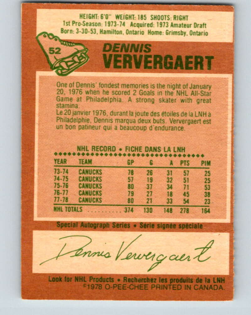 1978-79 O-Pee-Chee #52 Dennis Ververgaert  Vancouver Canucks  V21563