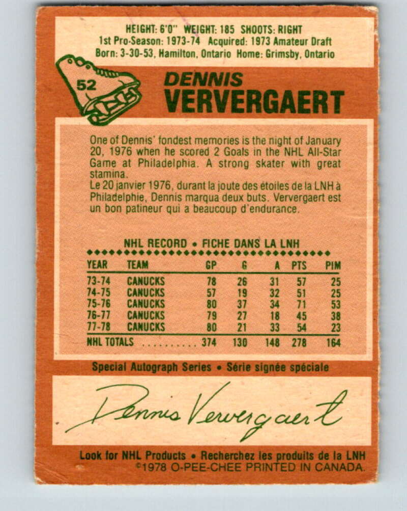 1978-79 O-Pee-Chee #52 Dennis Ververgaert  Vancouver Canucks  V21564