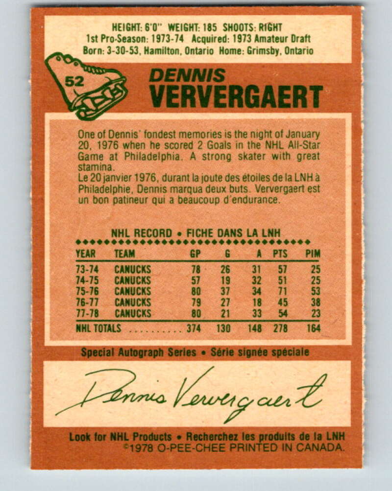1978-79 O-Pee-Chee #52 Dennis Ververgaert  Vancouver Canucks  V21567