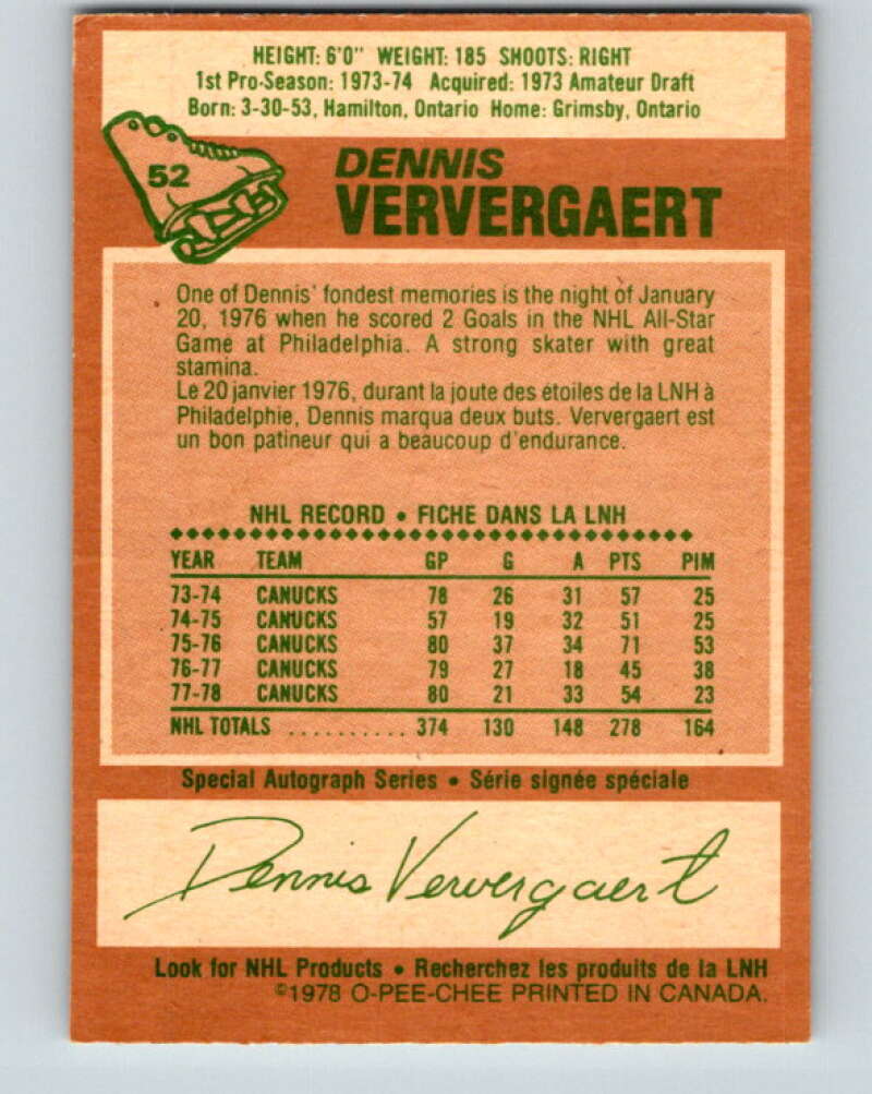 1978-79 O-Pee-Chee #52 Dennis Ververgaert  Vancouver Canucks  V21569