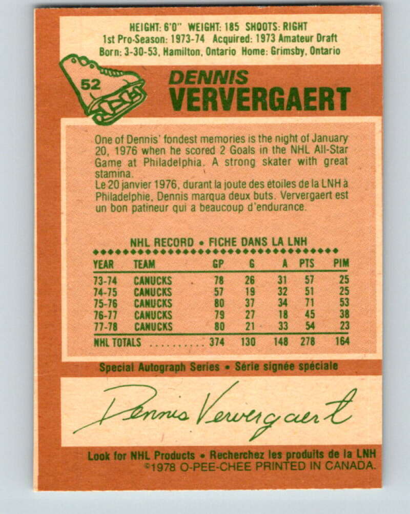 1978-79 O-Pee-Chee #52 Dennis Ververgaert  Vancouver Canucks  V21570