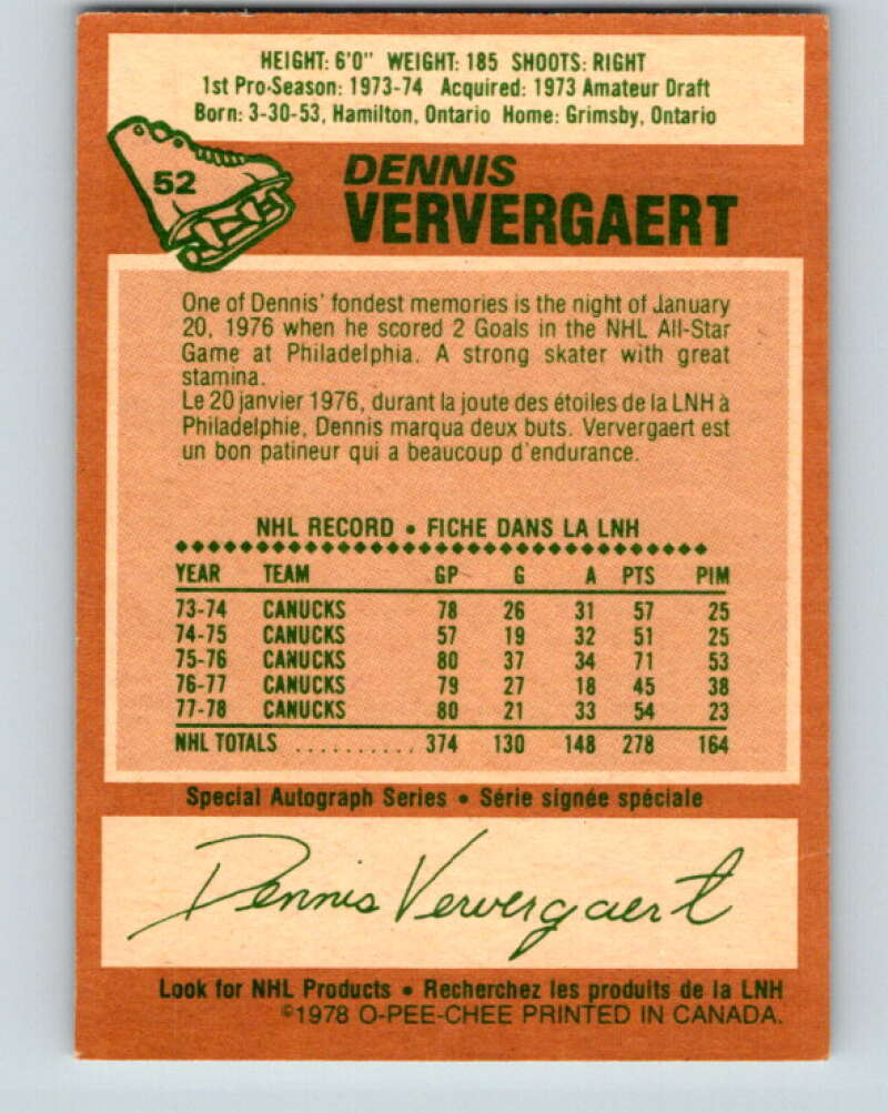1978-79 O-Pee-Chee #52 Dennis Ververgaert  Vancouver Canucks  V21571