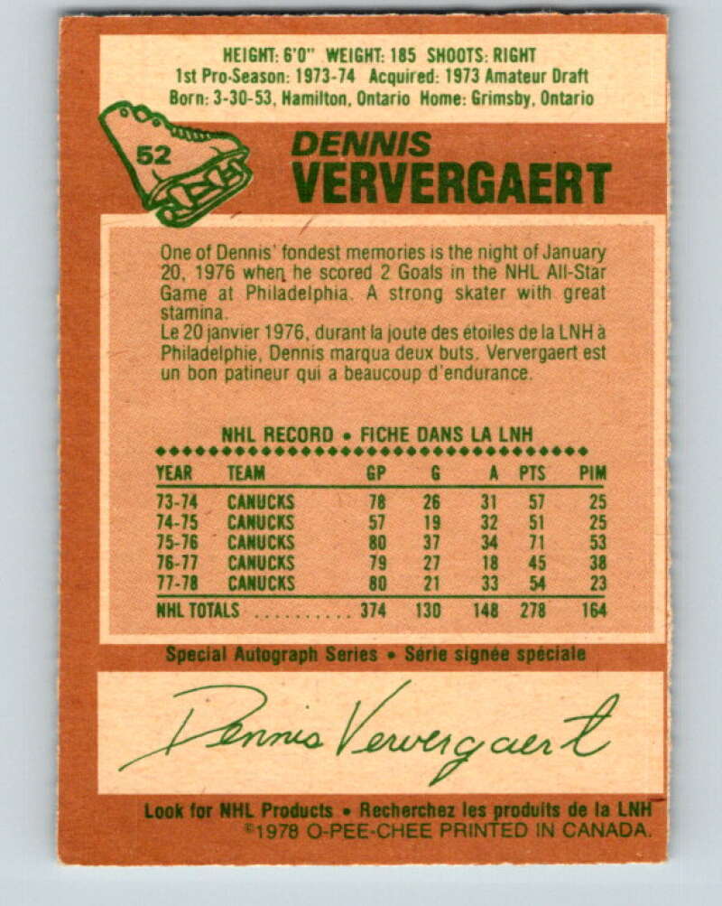 1978-79 O-Pee-Chee #52 Dennis Ververgaert  Vancouver Canucks  V21572