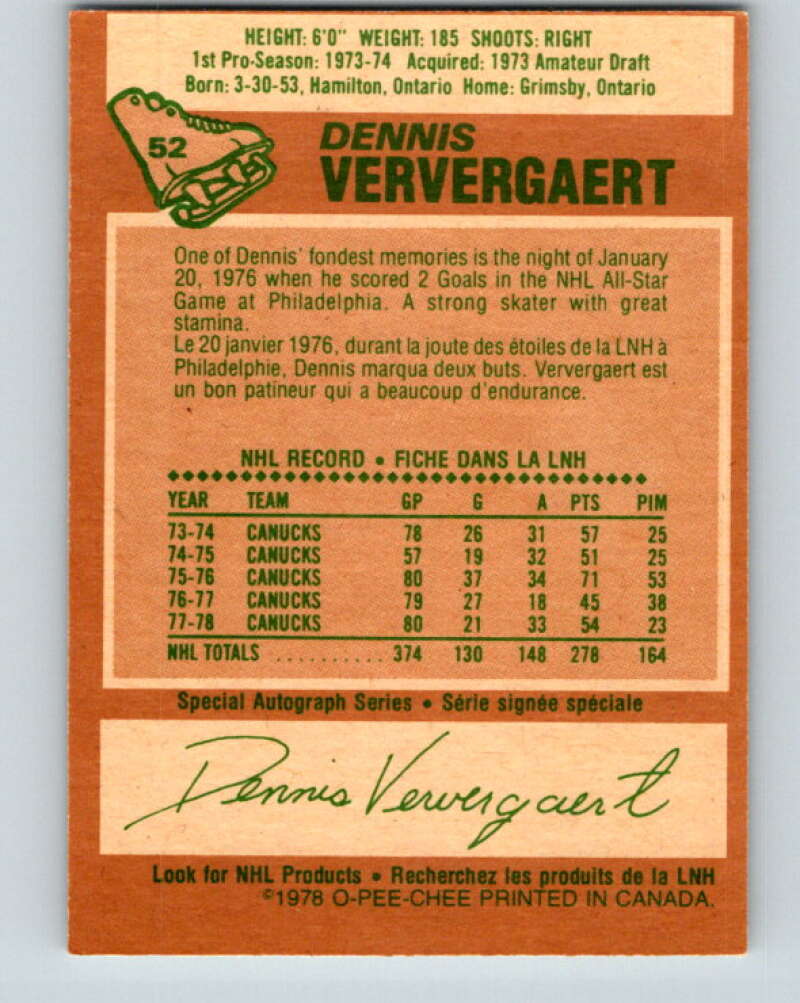 1978-79 O-Pee-Chee #52 Dennis Ververgaert  Vancouver Canucks  V21575