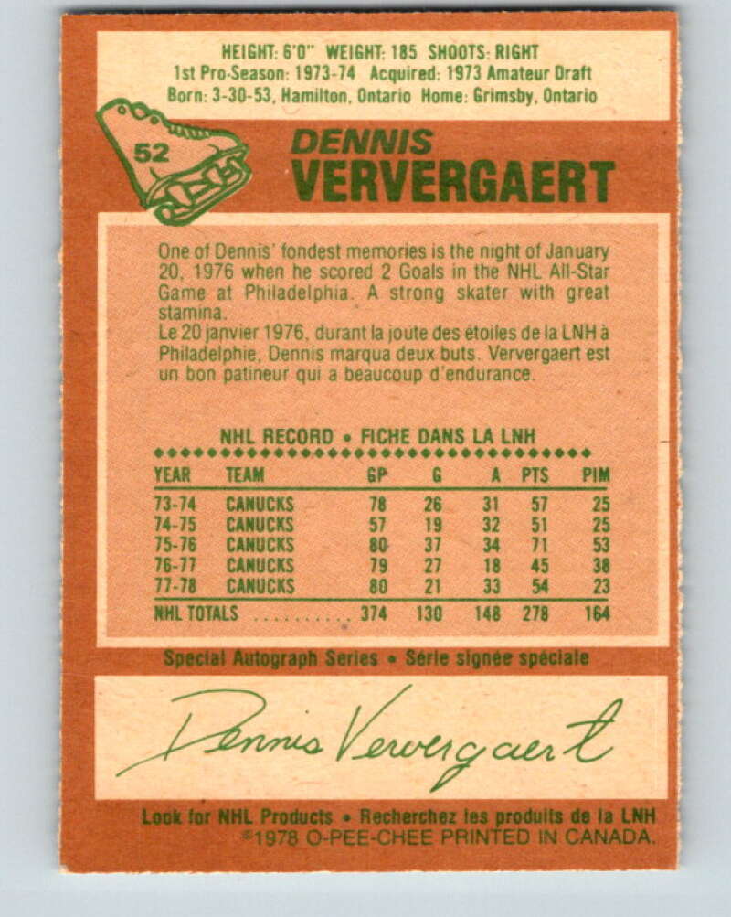 1978-79 O-Pee-Chee #52 Dennis Ververgaert  Vancouver Canucks  V21578