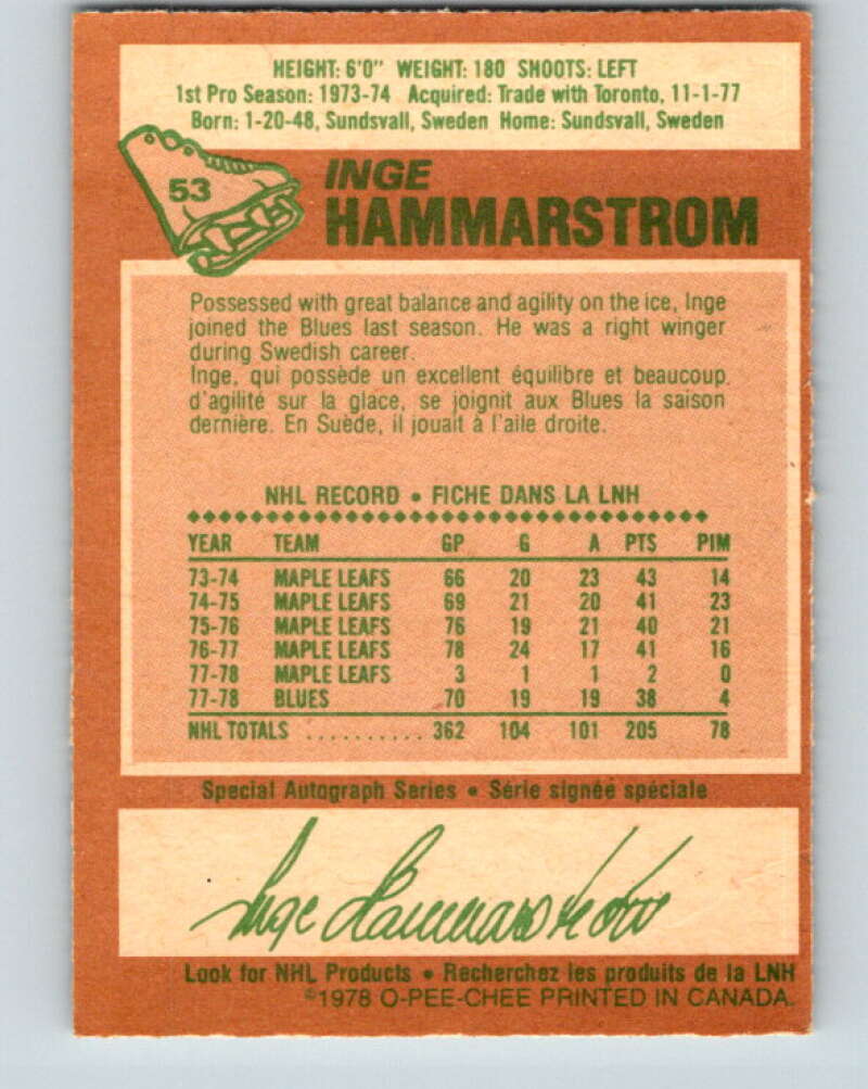 1978-79 O-Pee-Chee #53 Inge Hammarstrom  St. Louis Blues  V21579