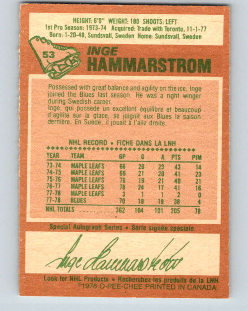 1978-79 O-Pee-Chee #53 Inge Hammarstrom  St. Louis Blues  V21580