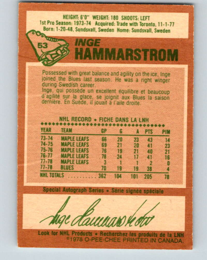 1978-79 O-Pee-Chee #53 Inge Hammarstrom  St. Louis Blues  V21581