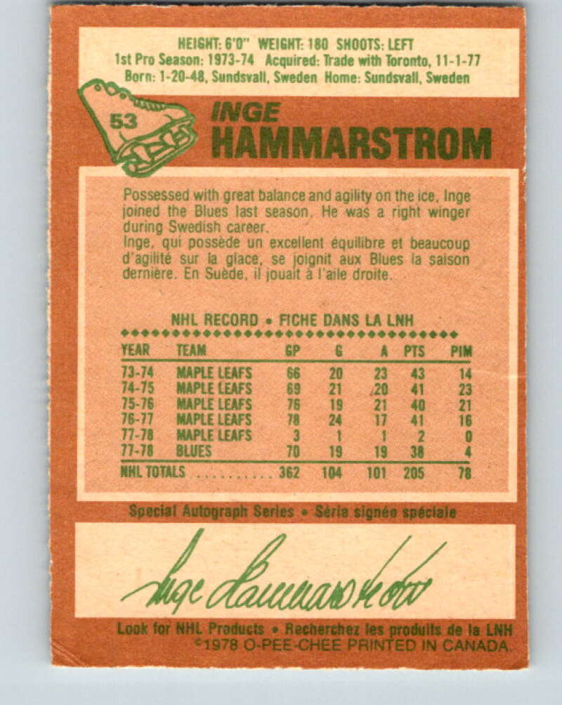 1978-79 O-Pee-Chee #53 Inge Hammarstrom  St. Louis Blues  V21582