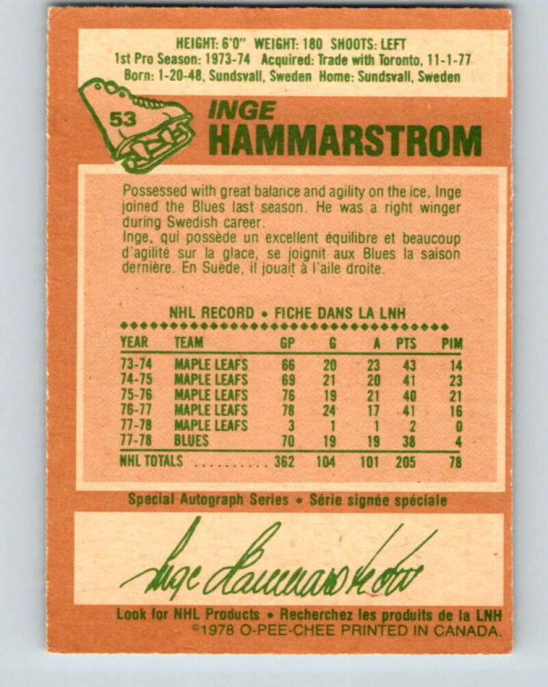 1978-79 O-Pee-Chee #53 Inge Hammarstrom  St. Louis Blues  V21583