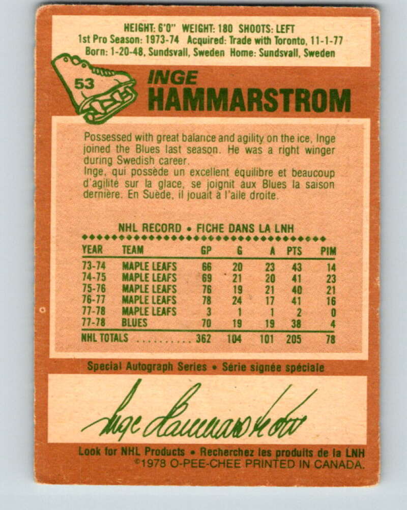 1978-79 O-Pee-Chee #53 Inge Hammarstrom  St. Louis Blues  V21584