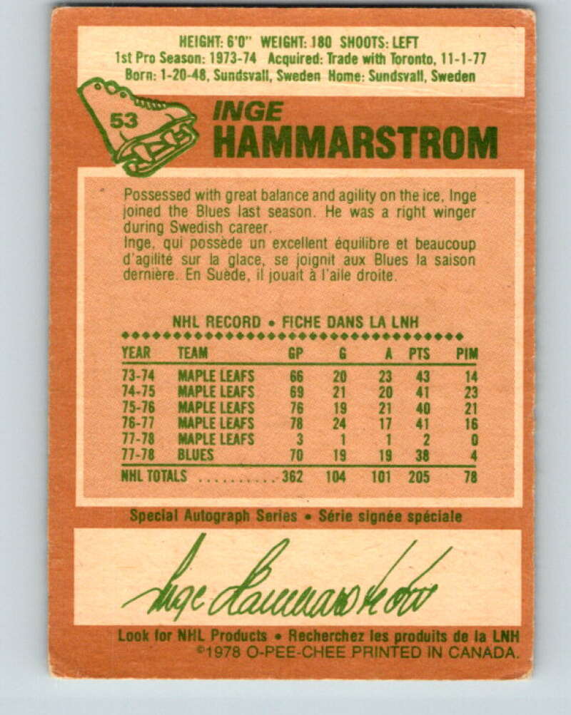 1978-79 O-Pee-Chee #53 Inge Hammarstrom  St. Louis Blues  V21586