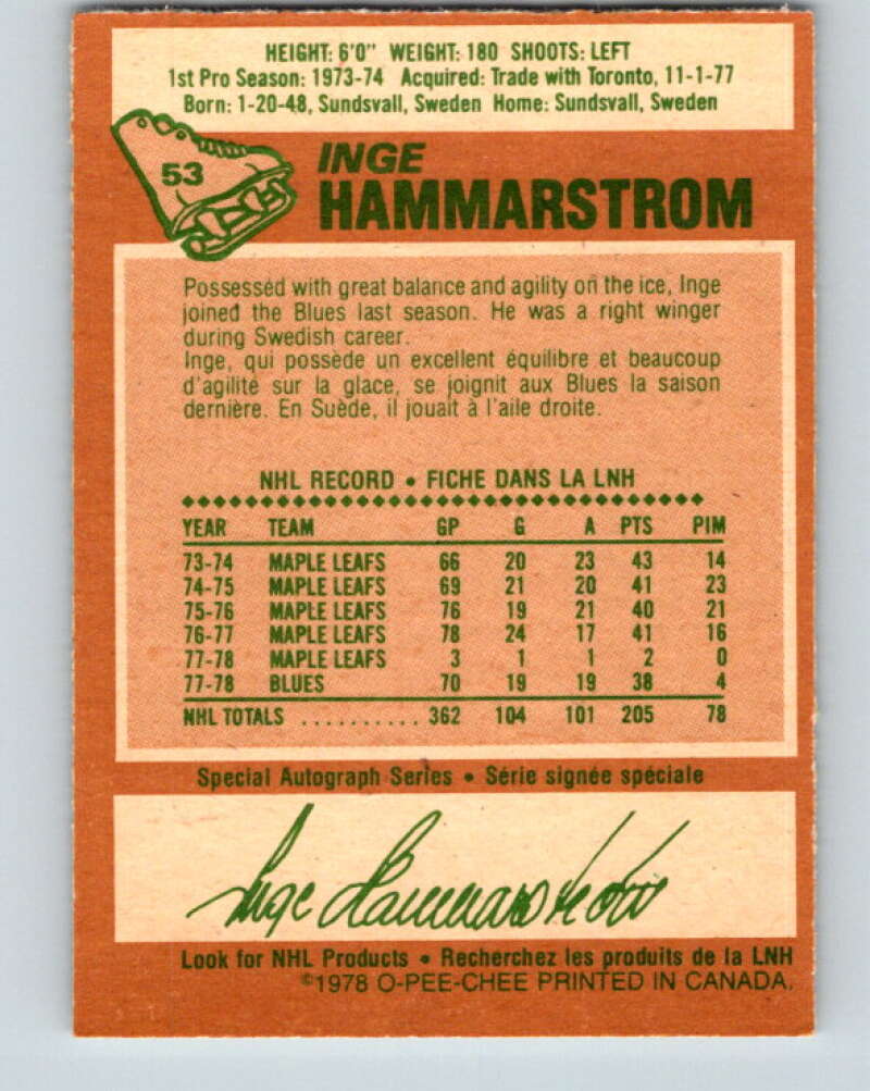 1978-79 O-Pee-Chee #53 Inge Hammarstrom  St. Louis Blues  V21590