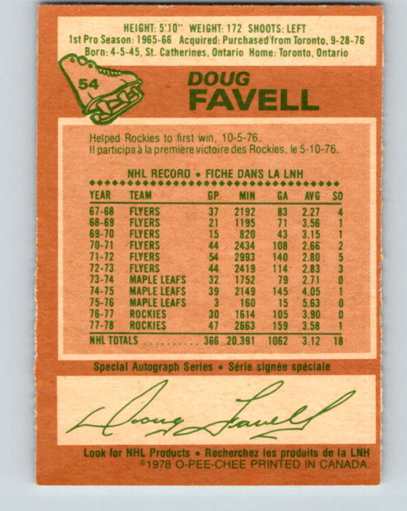 1978-79 O-Pee-Chee #54 Doug Favell  Colorado Rockies  V21594