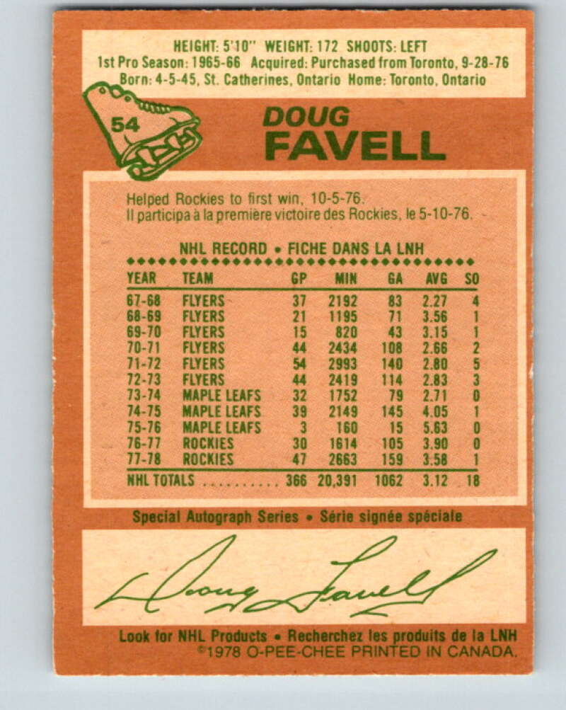 1978-79 O-Pee-Chee #54 Doug Favell  Colorado Rockies  V21596