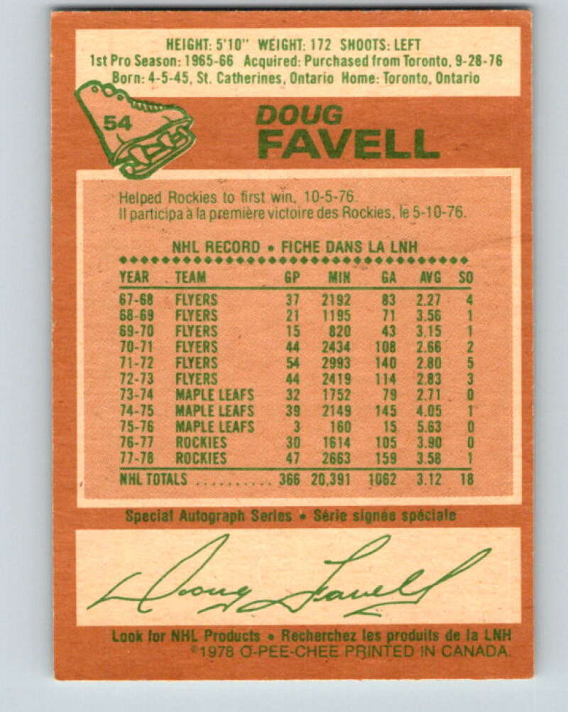 1978-79 O-Pee-Chee #54 Doug Favell  Colorado Rockies  V21599
