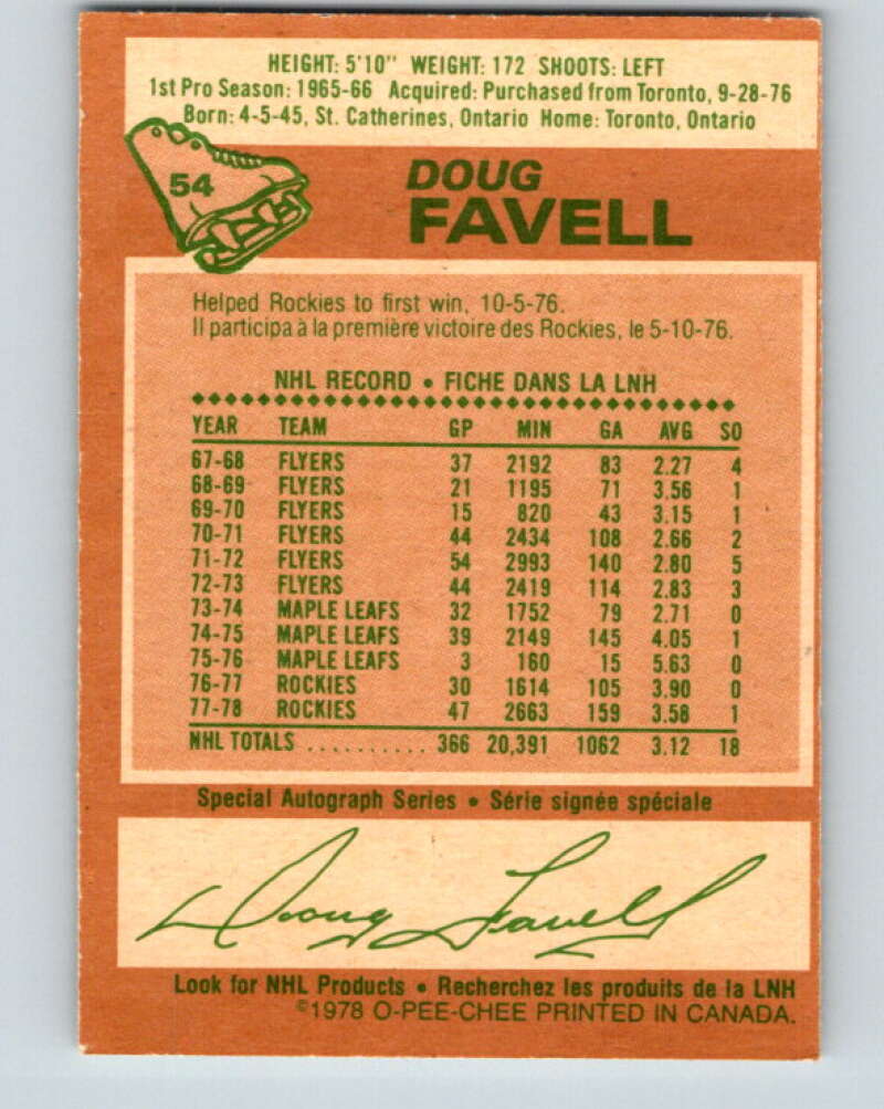 1978-79 O-Pee-Chee #54 Doug Favell  Colorado Rockies  V21607