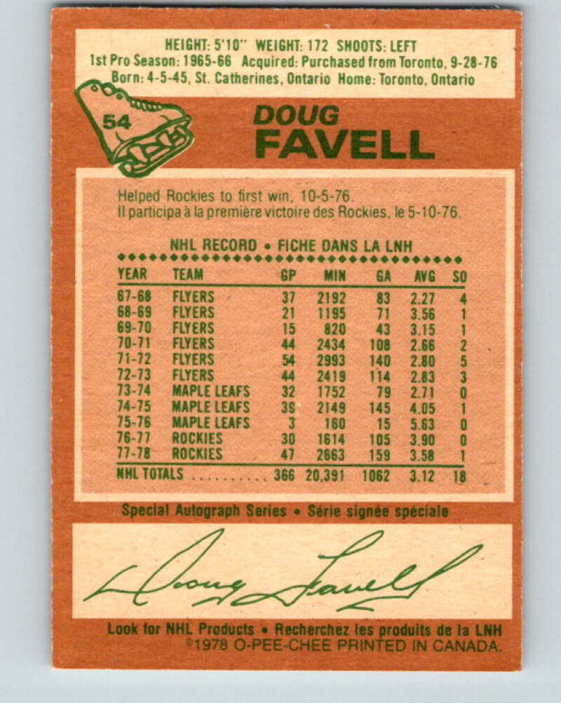 1978-79 O-Pee-Chee #54 Doug Favell  Colorado Rockies  V21609