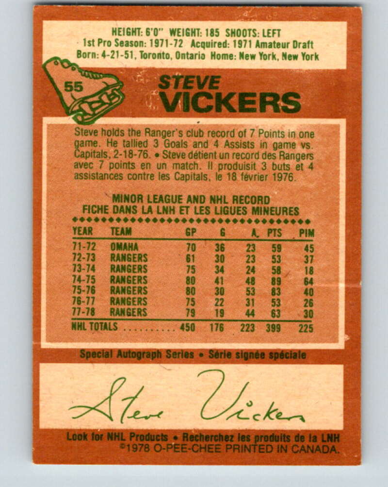 1978-79 O-Pee-Chee #55 Steve Vickers  New York Rangers  V21615