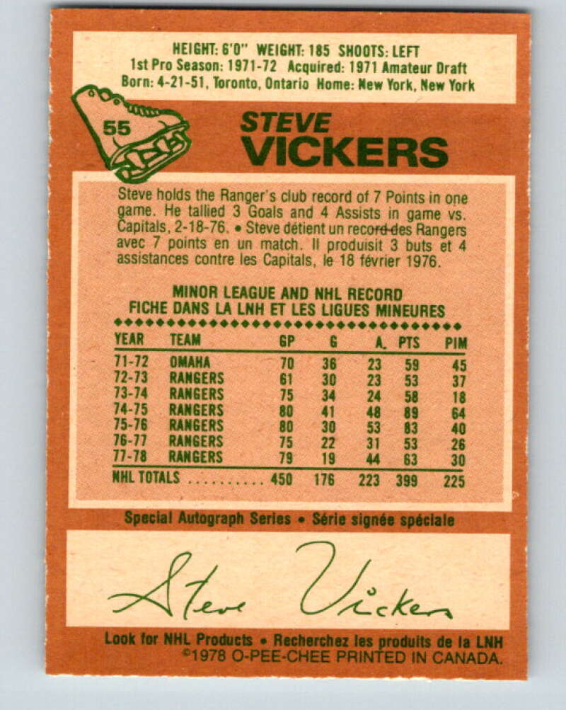 1978-79 O-Pee-Chee #55 Steve Vickers  New York Rangers  V21617