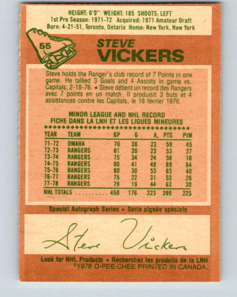 1978-79 O-Pee-Chee #55 Steve Vickers  New York Rangers  V21618