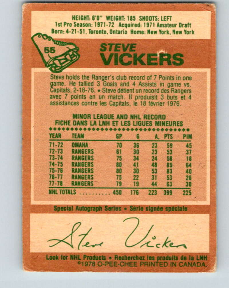 1978-79 O-Pee-Chee #55 Steve Vickers  New York Rangers  V21621