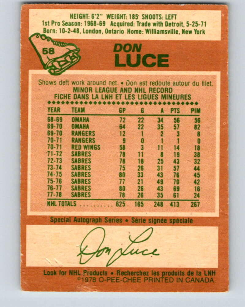 1978-79 O-Pee-Chee #58 Don Luce  Buffalo Sabres  V21656