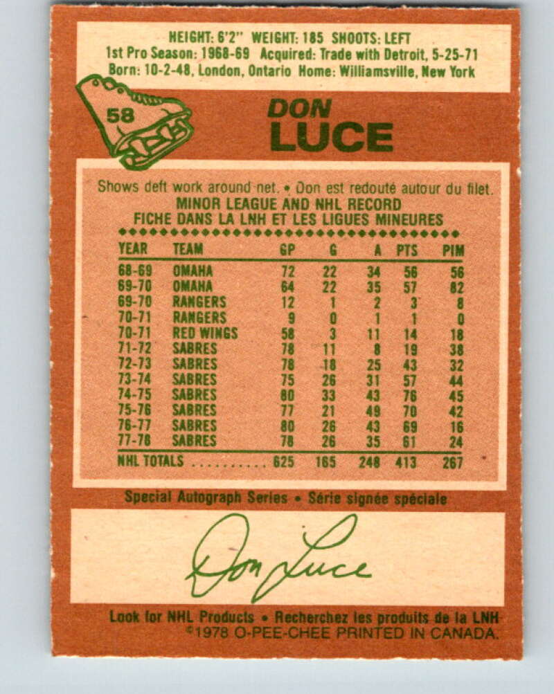1978-79 O-Pee-Chee #58 Don Luce  Buffalo Sabres  V21657