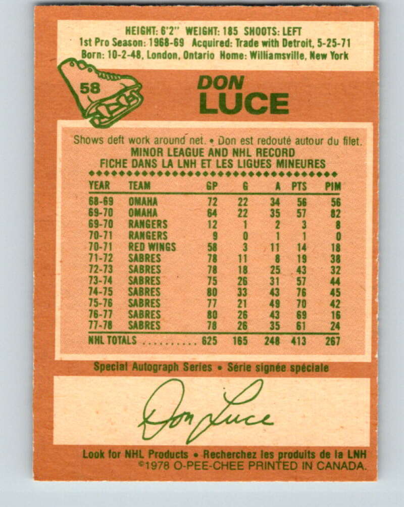 1978-79 O-Pee-Chee #58 Don Luce  Buffalo Sabres  V21659
