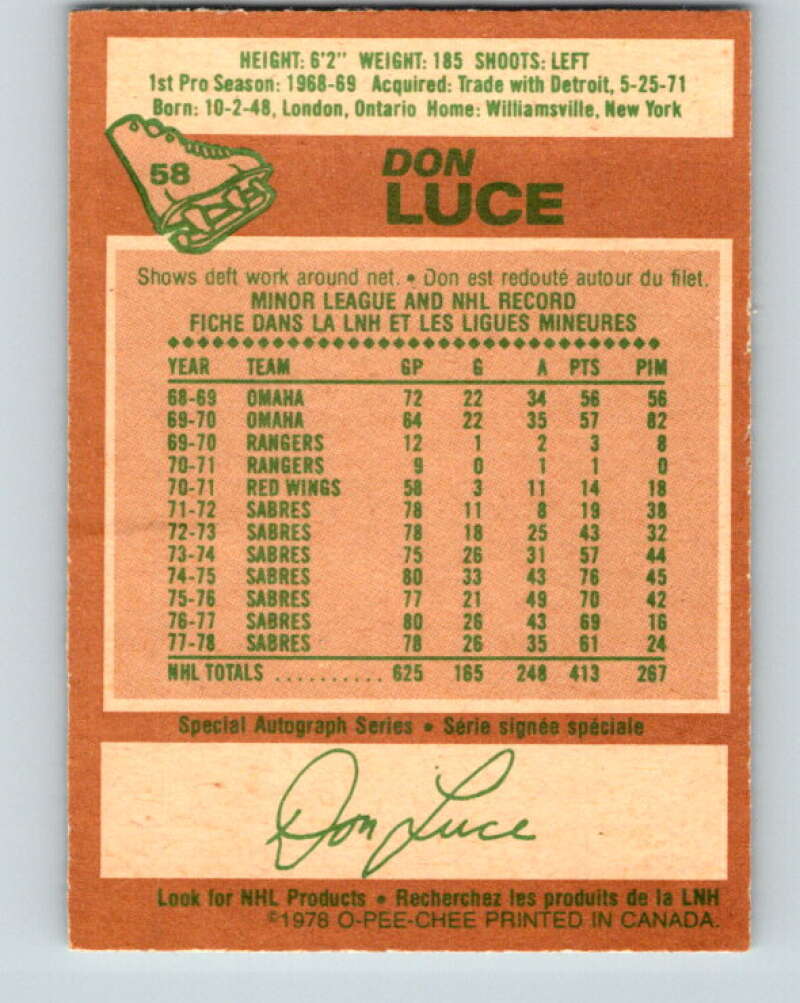 1978-79 O-Pee-Chee #58 Don Luce  Buffalo Sabres  V21660