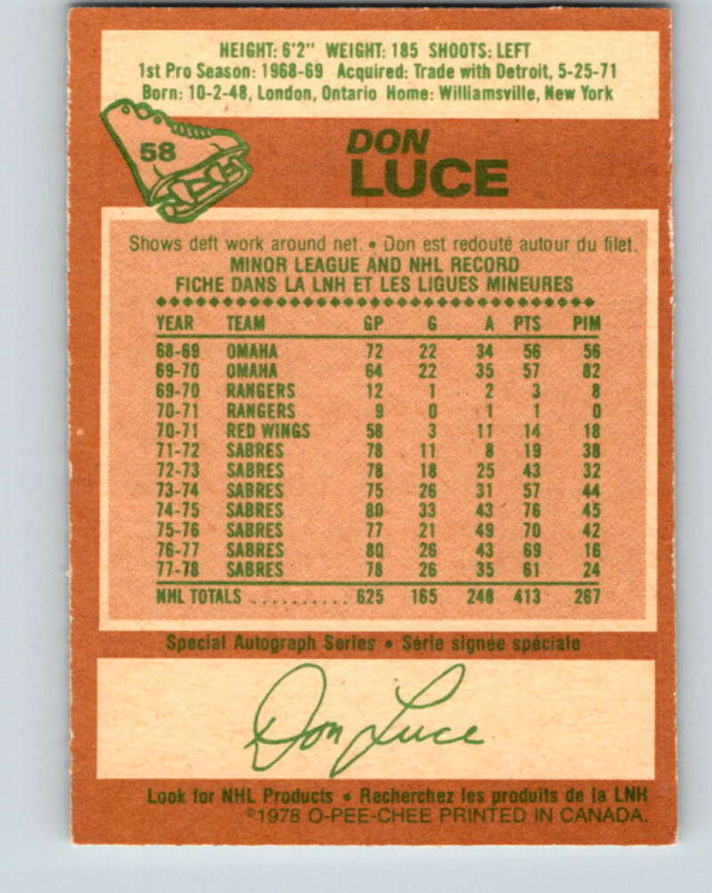 1978-79 O-Pee-Chee #58 Don Luce  Buffalo Sabres  V21662