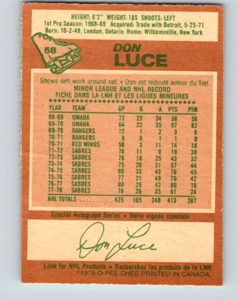 1978-79 O-Pee-Chee #58 Don Luce  Buffalo Sabres  V21664