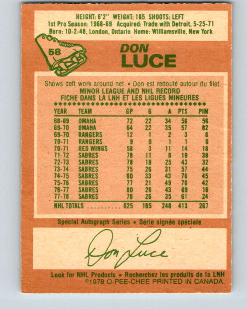 1978-79 O-Pee-Chee #58 Don Luce  Buffalo Sabres  V21670