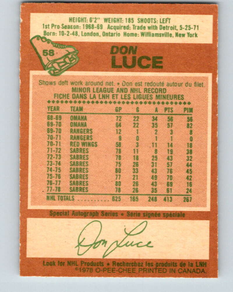 1978-79 O-Pee-Chee #58 Don Luce  Buffalo Sabres  V21673
