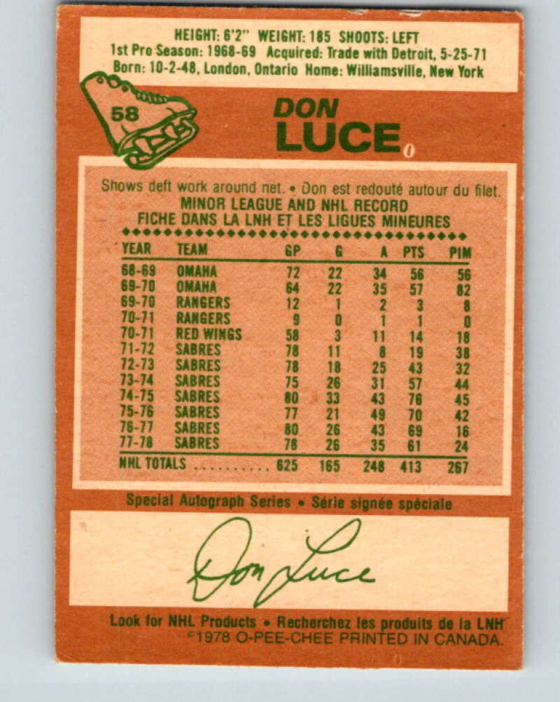 1978-79 O-Pee-Chee #58 Don Luce  Buffalo Sabres  V21675