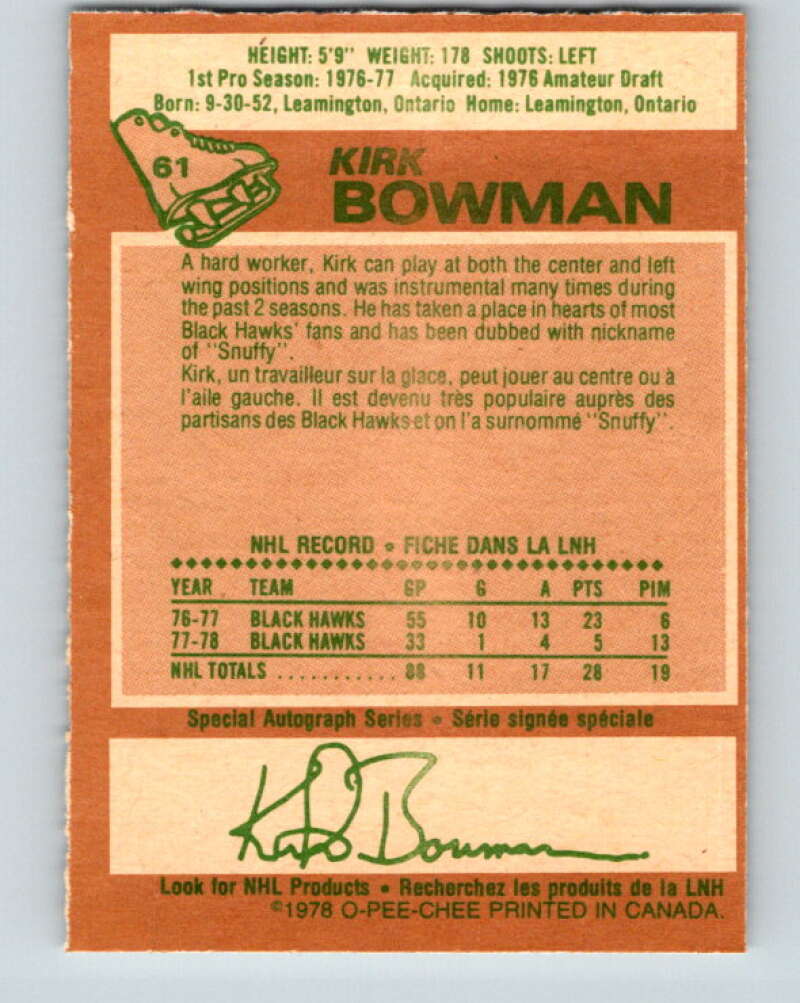 1978-79 O-Pee-Chee #61 Kirk Bowman  Chicago Blackhawks  V21701