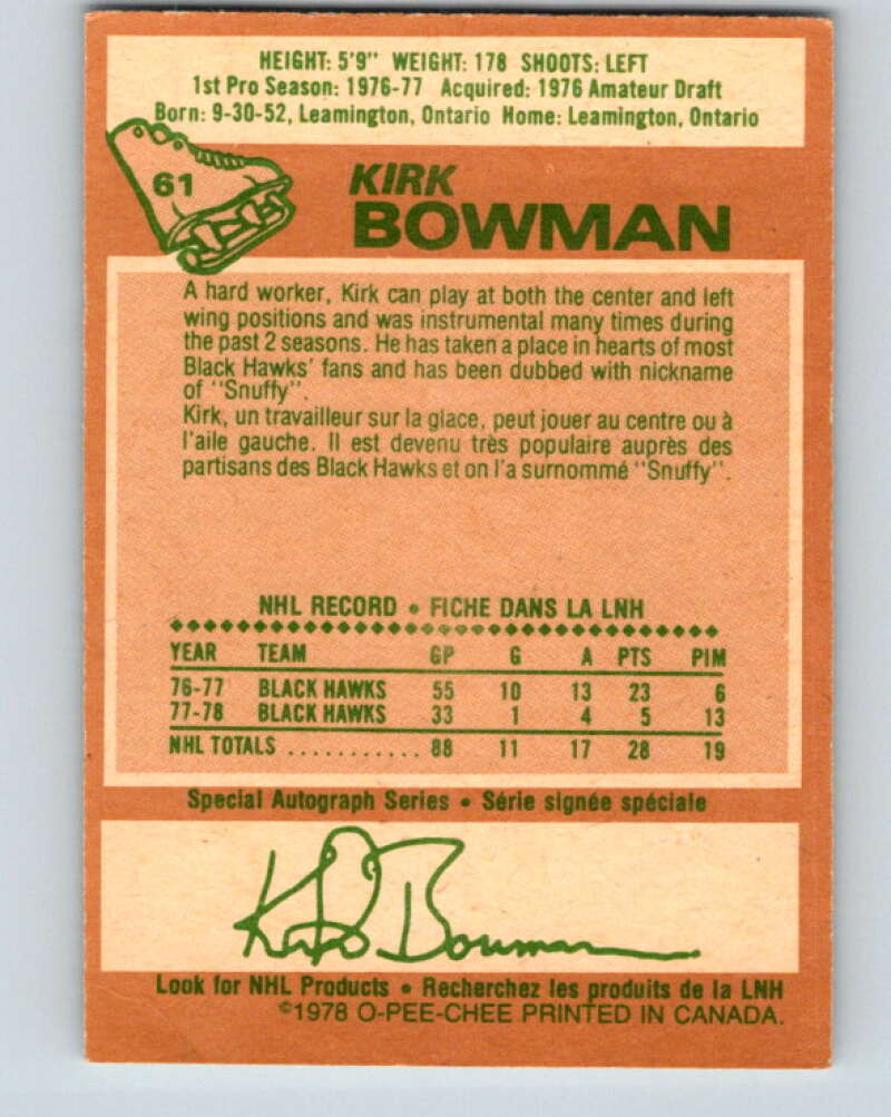 1978-79 O-Pee-Chee #61 Kirk Bowman  Chicago Blackhawks  V21707