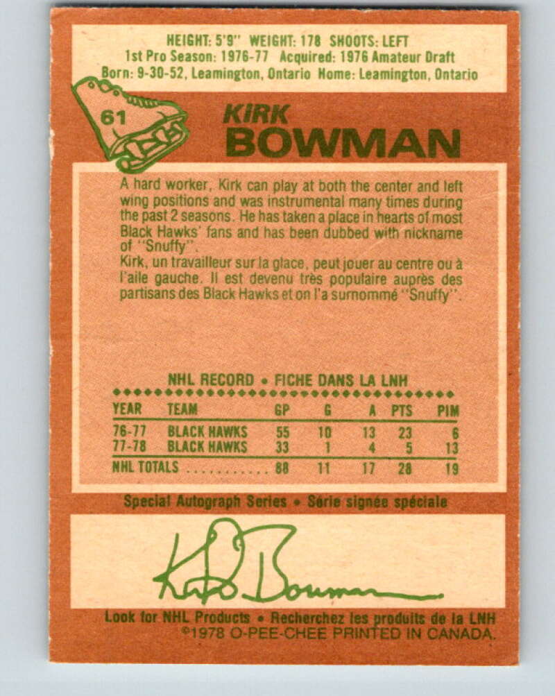 1978-79 O-Pee-Chee #61 Kirk Bowman  Chicago Blackhawks  V21712